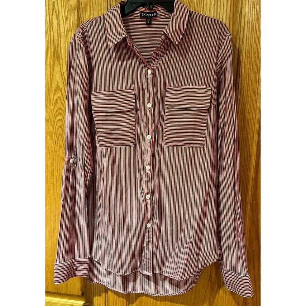 Express Red & Blue Striped Button-Down Long-Sleeve Roll Tab Shirt Blouse Size XS